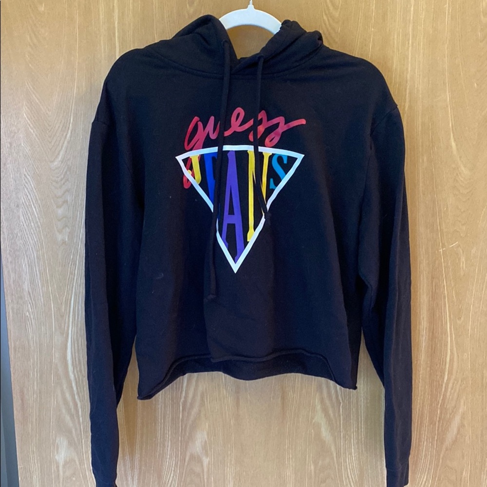 Guess Cropped Black Hooded Sweater with Vibrant Logo